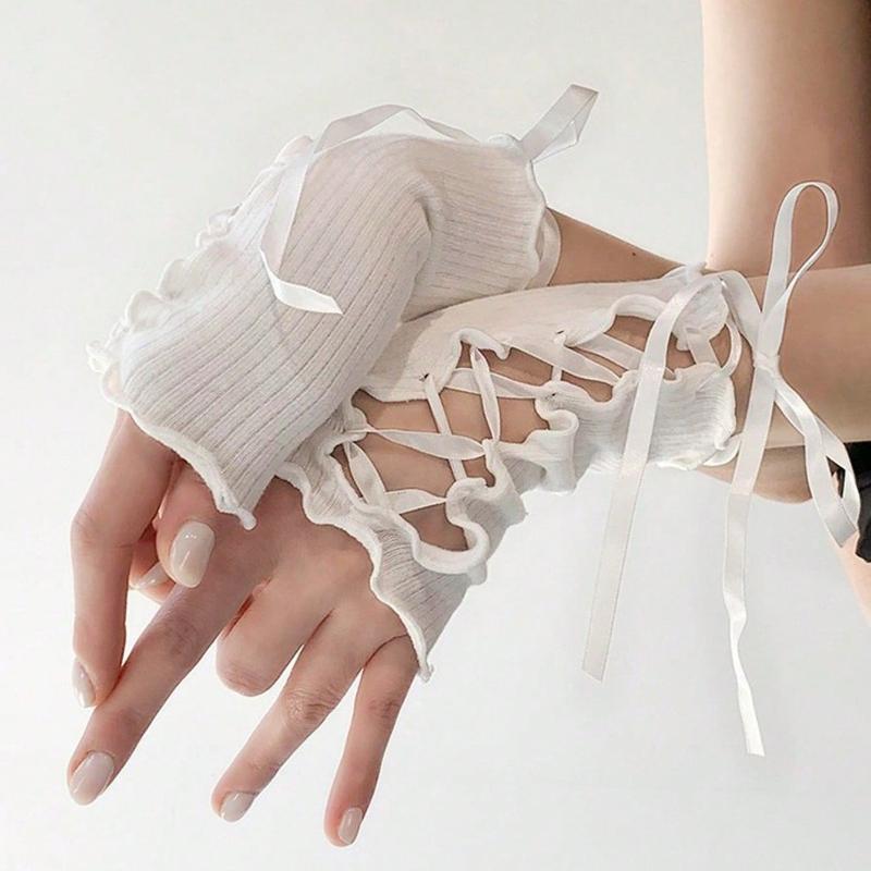 1 Pair Of Y2K Lace Strap Sleeves DIY Decorative Sleeves Short Solid Color Open Finger Curling Sleeves Wrist Sleeves Halloweeny2k Valentine's Day
