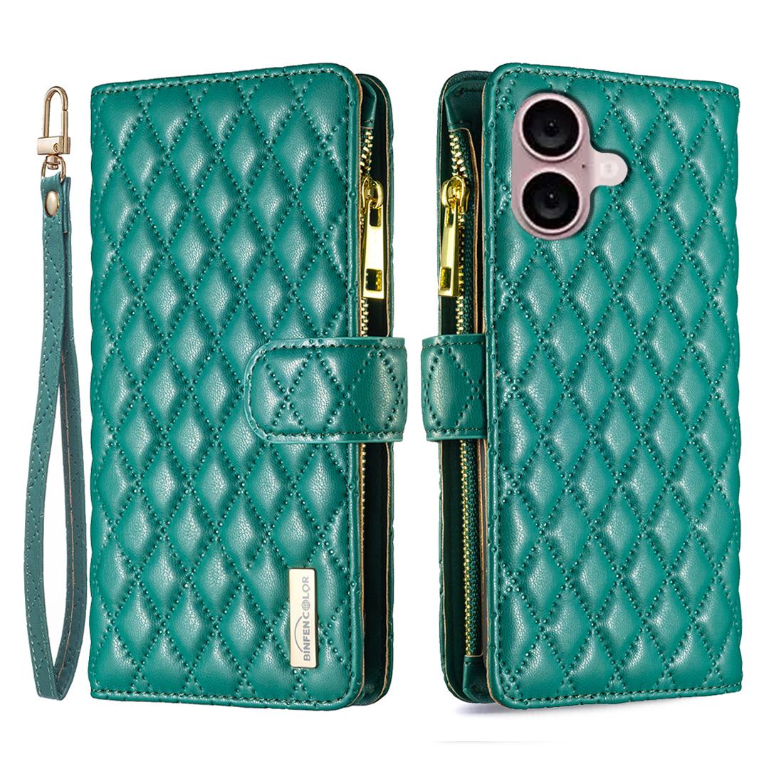 

BINFEN COLOR BF Style-15 For iPhone 16 Plus Case Rhombus Imprint Zipper Wallet Leather Phone Cover Green