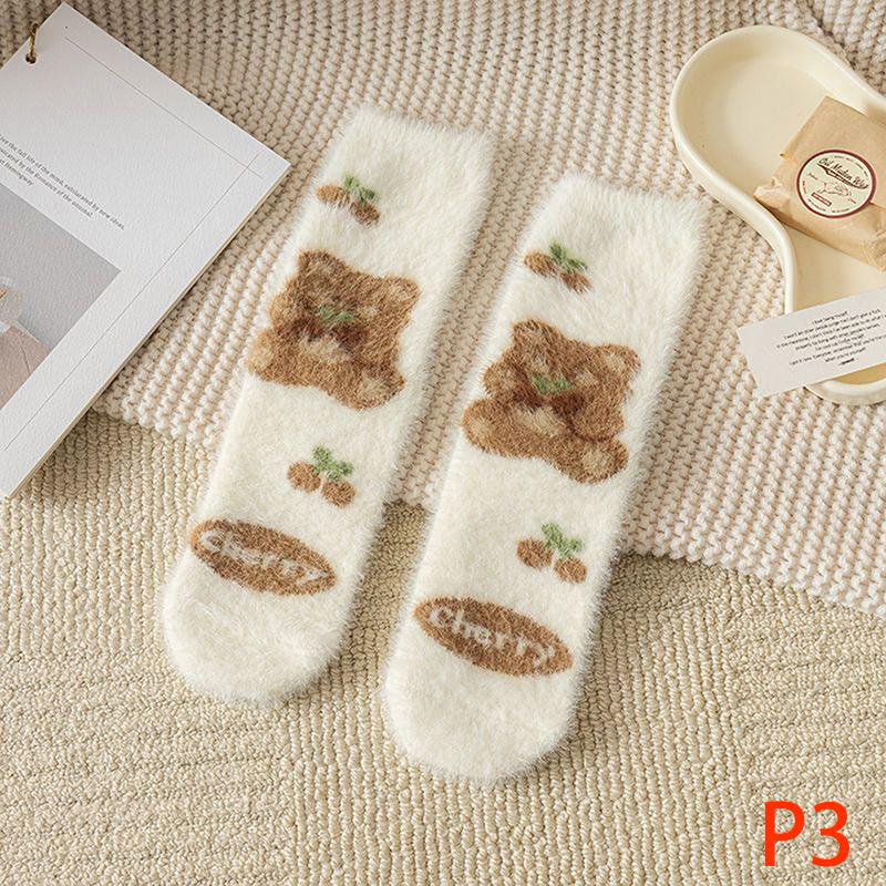 Autumn Winter Coral Velvet Socks Cartoon Bear Socks For Women Children Girls Middle Tube Thickened Sleep Socks Home Floor Socks