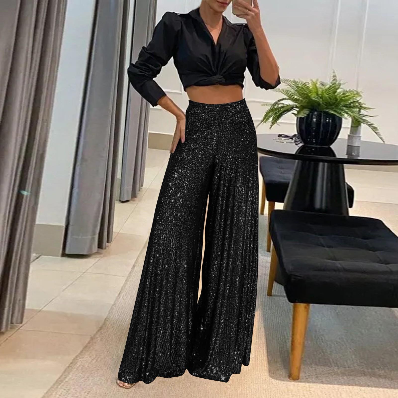 

Женские модные повседневные тонкие брюки с высокой талией, однотонные широкие брюки с пайетками XXL чёрный