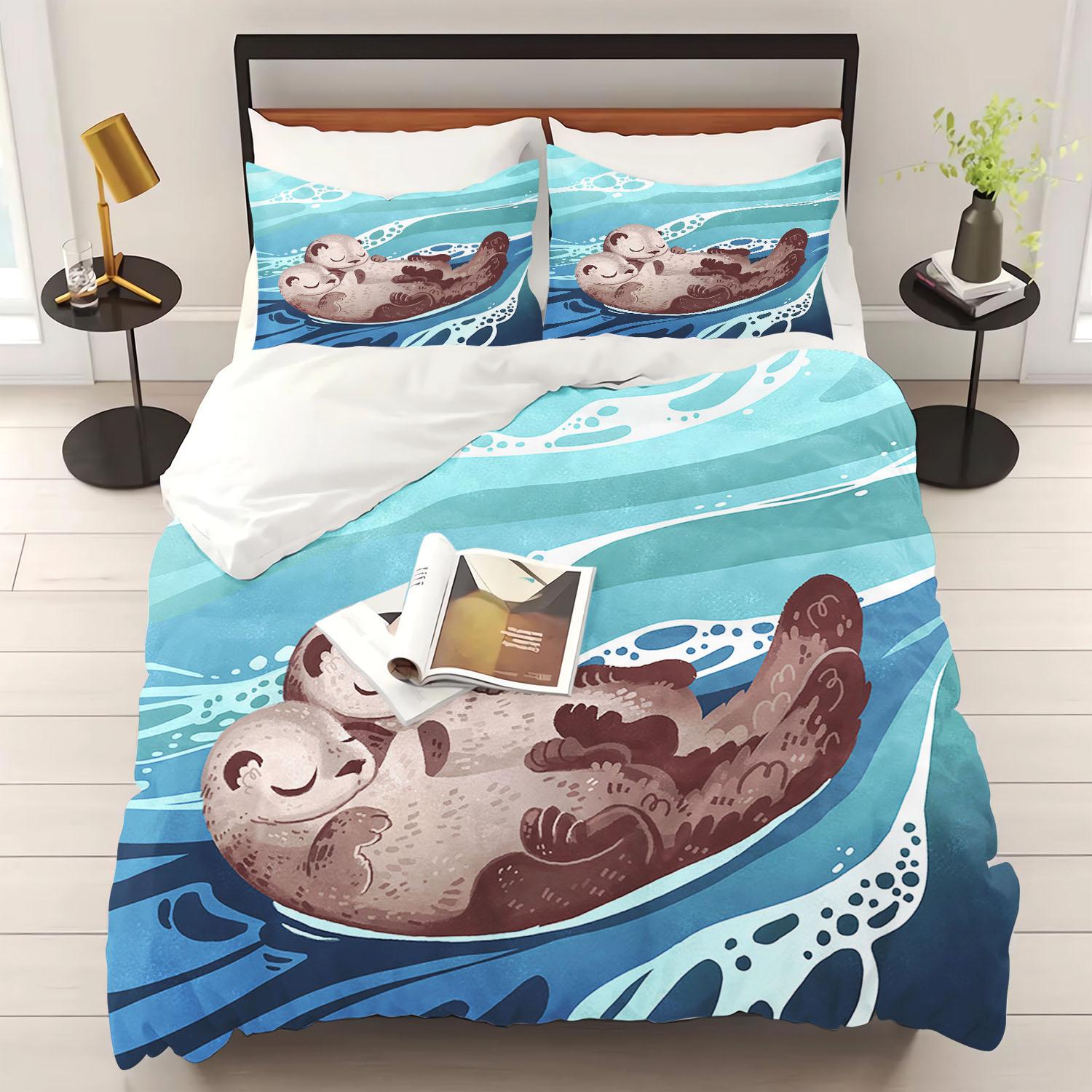 Housse de couette Loutre Animal Dessin animé Ensemble 3 pièces Enfants Mignon Polyester Doux Respirant Couette Animation Literie 135x200cm