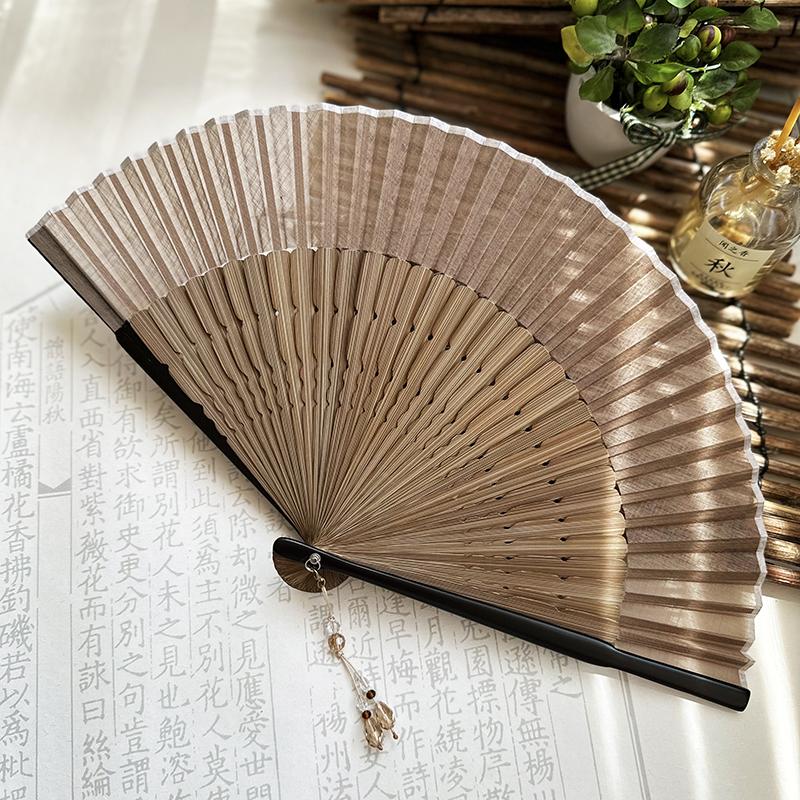 Folding Fan Women's Simple Blank Solid Elegant Retro Light Gray Green Light Coffee Dance Performance Props Hanfu Ancient Style
