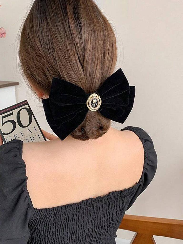 New Black Velvet Bow Hair Pins Elegant Fabric Alloy Roses Hair Clips for Women Fashion Ponytail Barrette Heawear Accessories