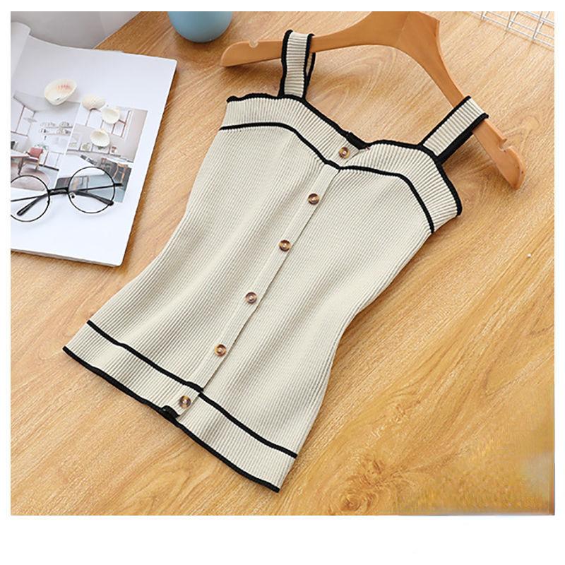Knit Tank Top Button Crop Tops Sexy Women Summer Camis Backless Camisole S бежевый