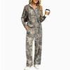 Women's V-Neck Print Long Sleeve Hooded Pajama Set with Pockets, Loose Fit Casual Wear