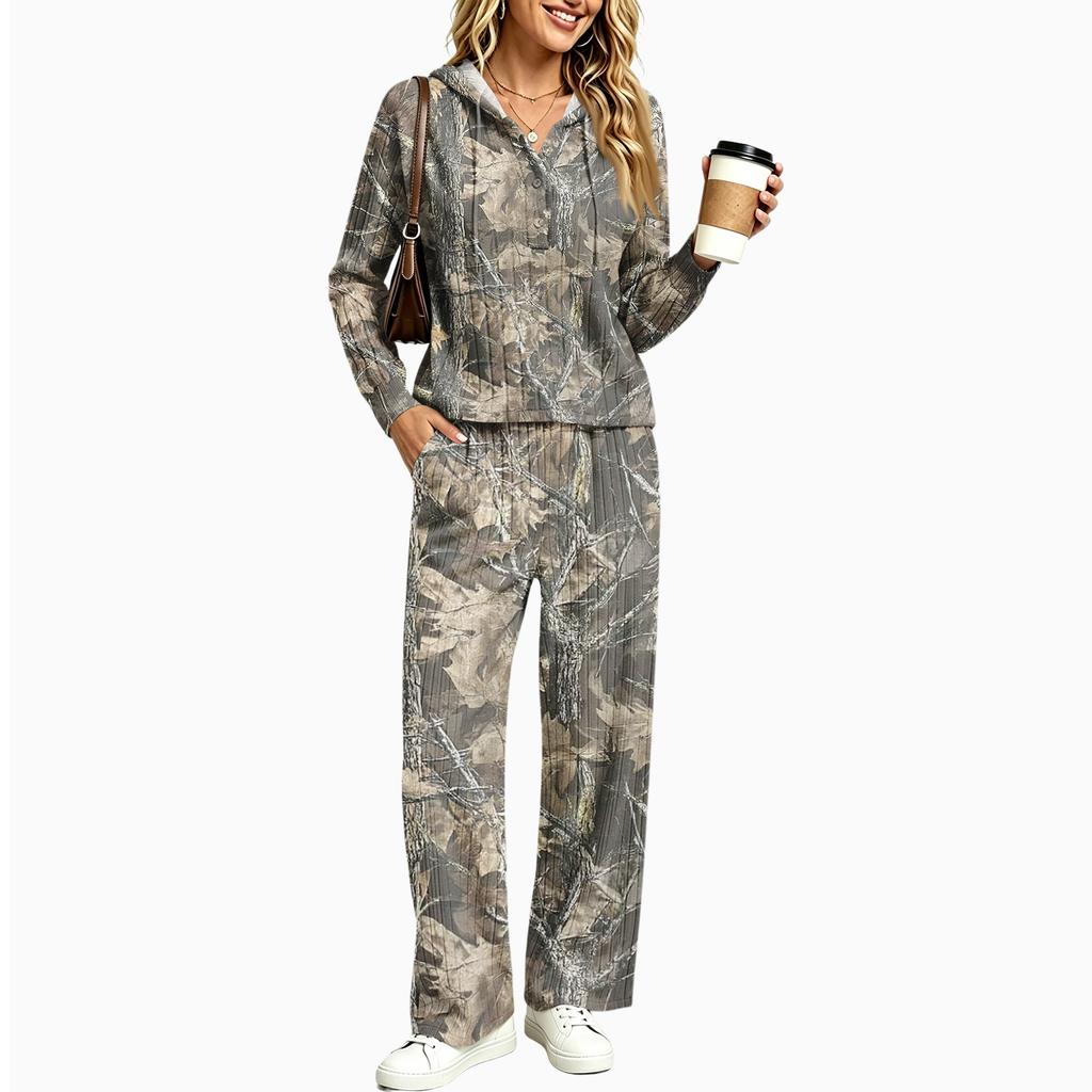 Women's V-Neck Print Long Sleeve Hooded Pajama Set with Pockets, Loose Fit Casual Wear