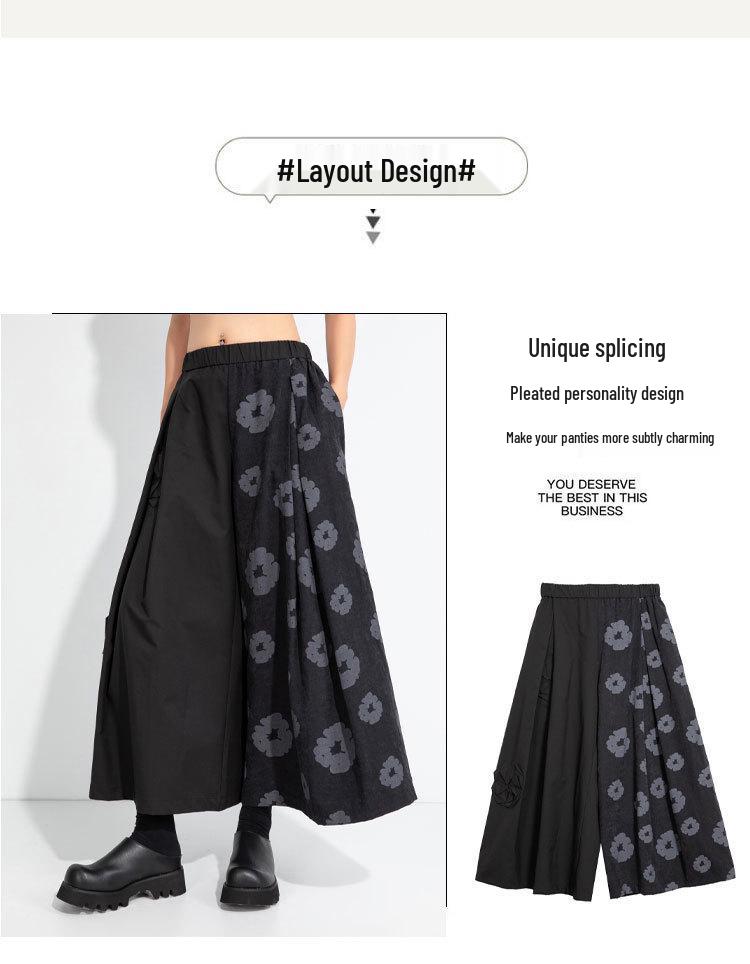 2025 Autumn Asymmetrical Wide-Leg Retro Patchwork Culottes: Women's Casual Dark Style