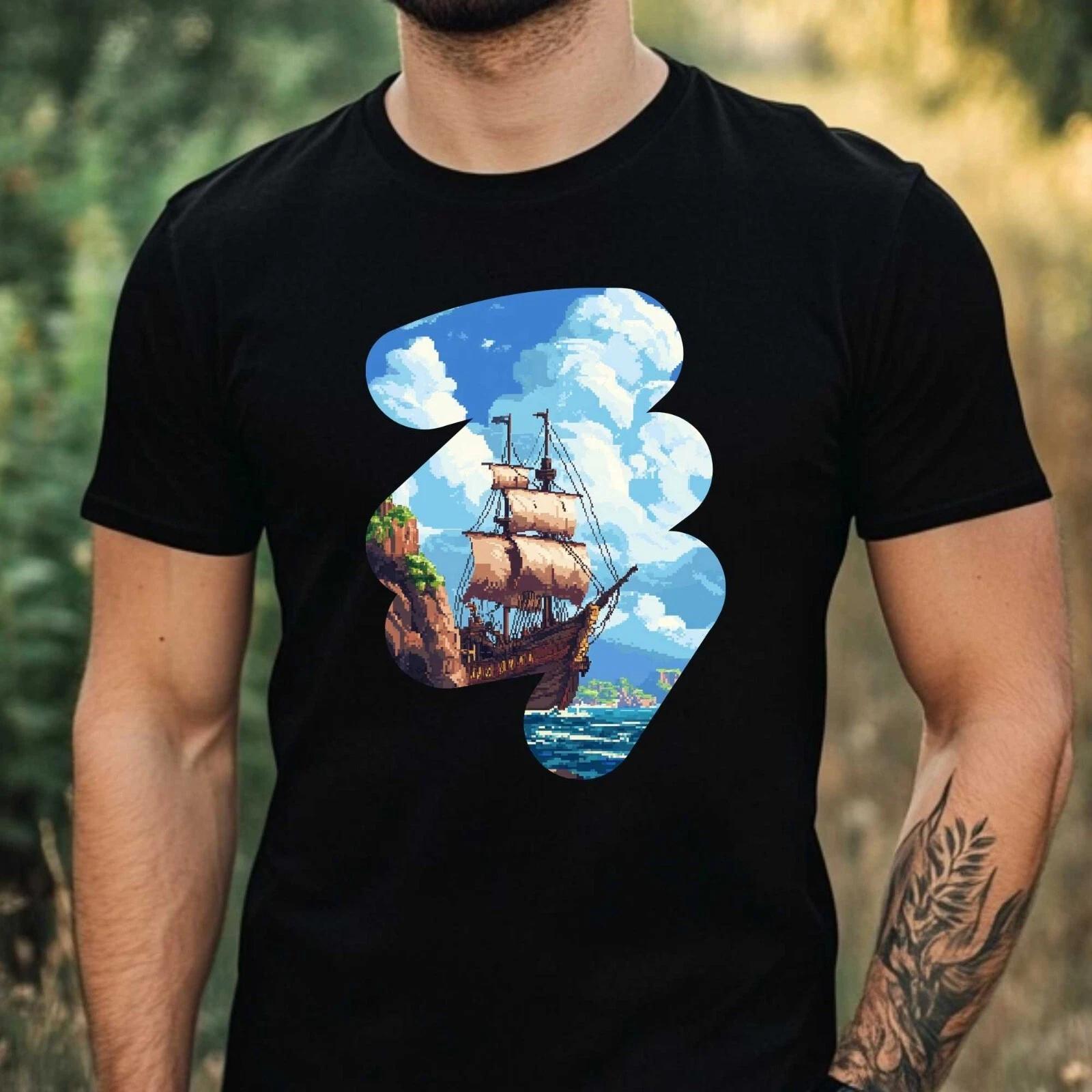 T-Shirt Herren Piratenschiff Pixel Art Motiv Baumwolle Größe XS bis 5XL XXXL