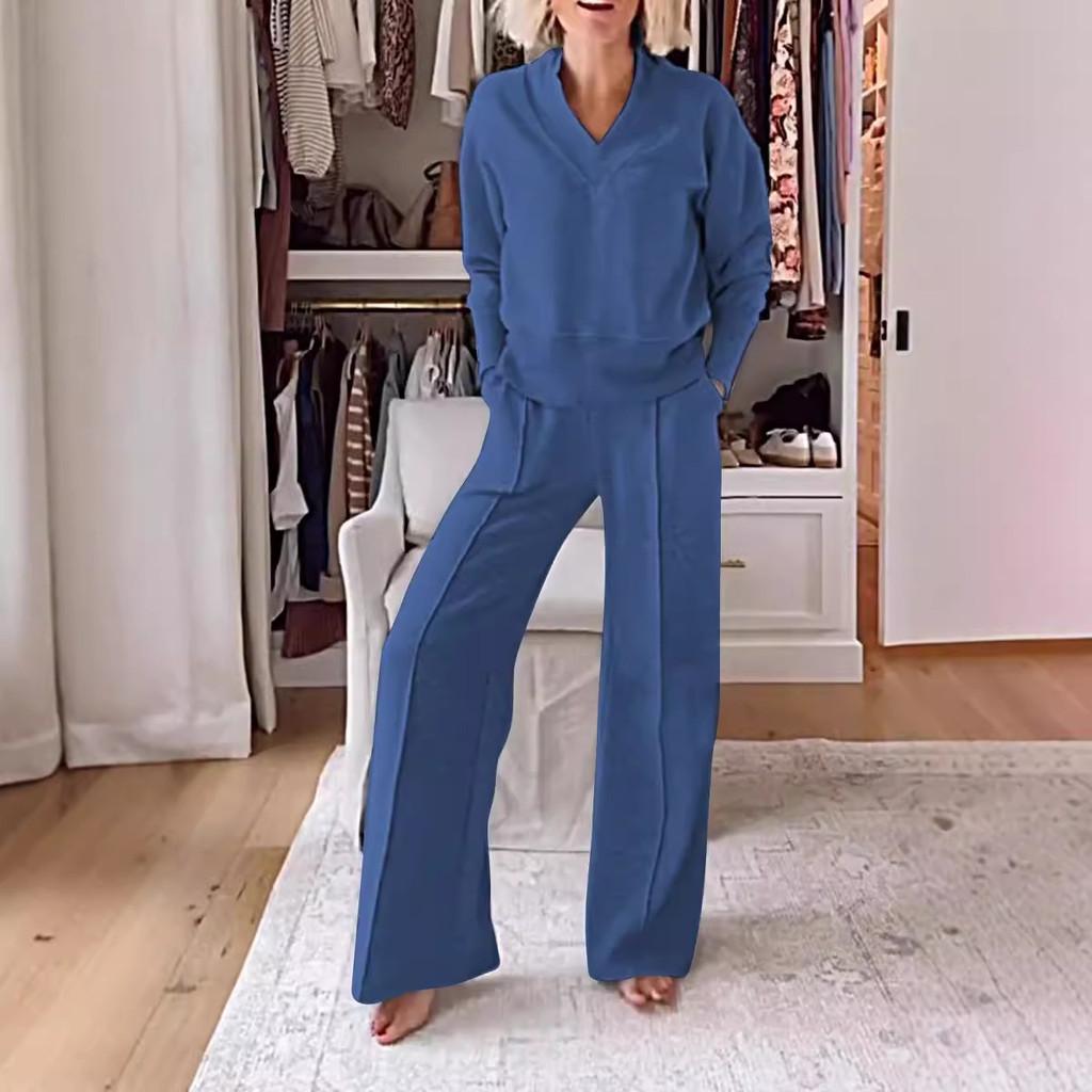 Relaxed Women Sweater And Wide Leg Pants Set With Ribbed Detail For Casual Fall Wear