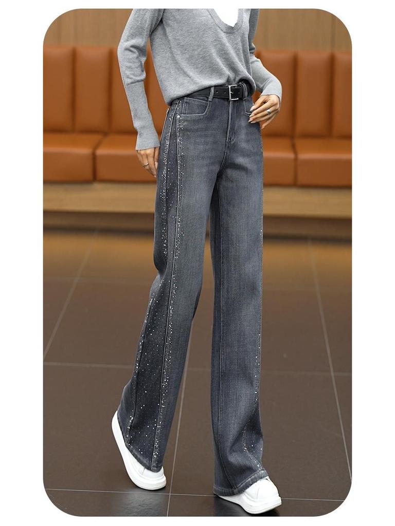 Retro Blue Rhinestone High-Waist Straight Leg Jeans for Women - Stylish, Versatile, Slimming Pants for Spring, Autumn, and Winter 2026
