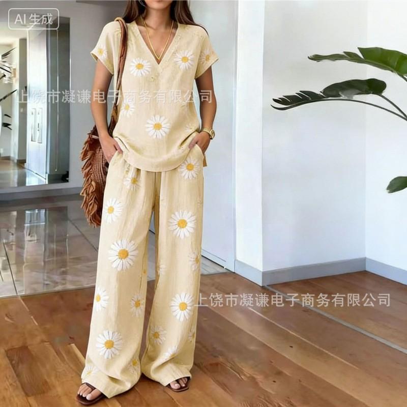 Y116 Summer Loose Top Wide-leg Pants Two-piece Women's Clothing European and American Fashion Suit