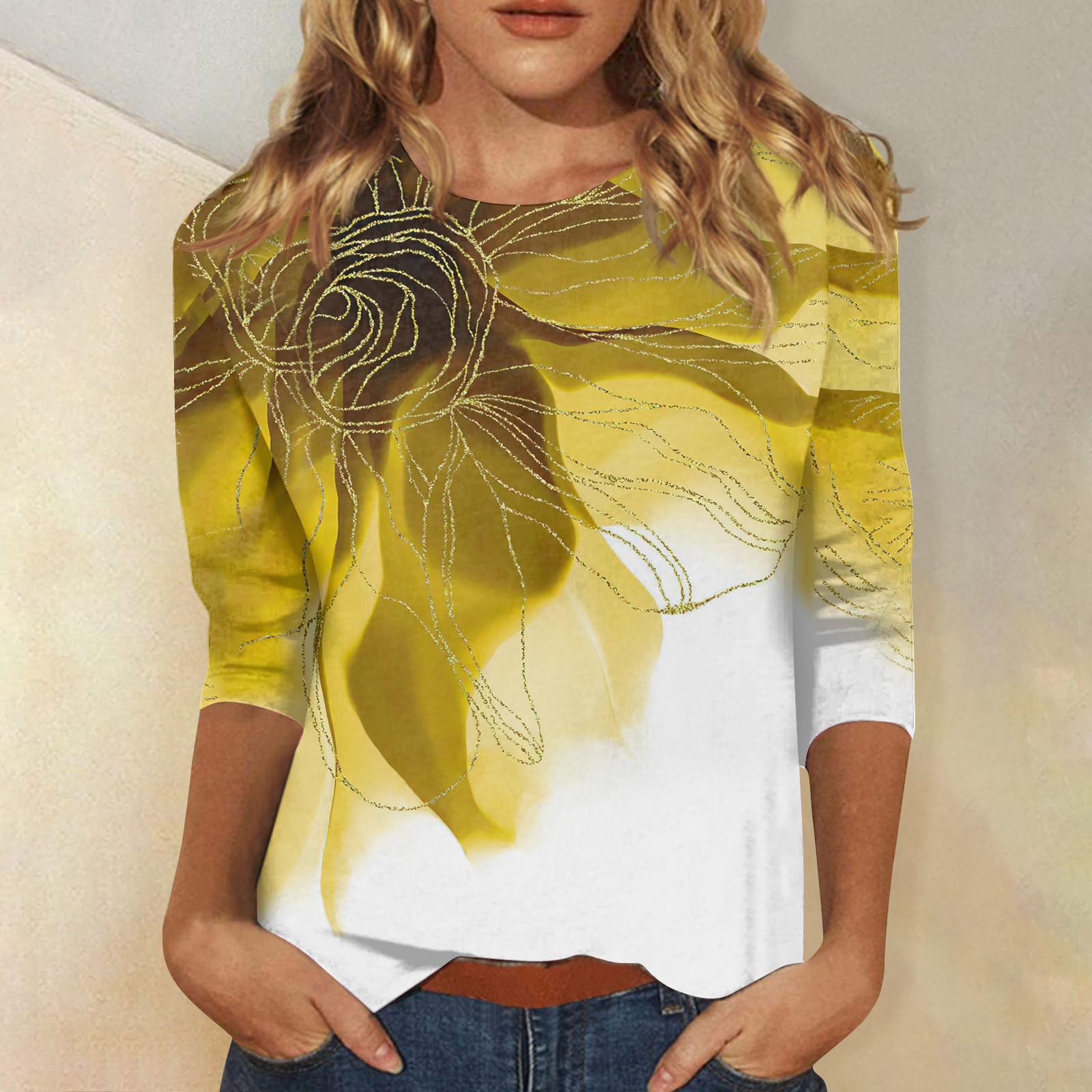 

Рубашки с рукавом 3/4 для женщин, милые футболки с графическим принтом, блузки, повседневные базовые топы больших размеров, пуловеры XL жёлтый