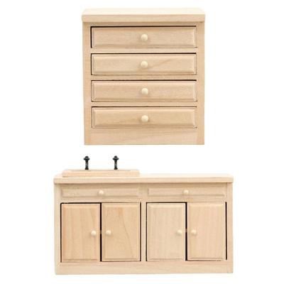Miniature Wooden Kitchen Sink Cabinet 1/12 Unpainted Cabinet Craft Project For Customizable Dollhouses Interior Design