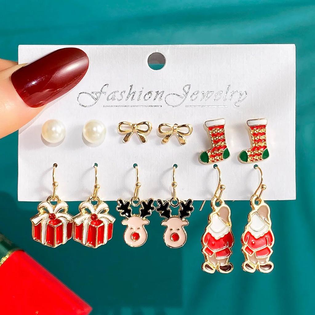 6 Pairs Christmas Set  Cartoon Dripping Oil Elk Santa Claus Christmas Tree Earrings for Women