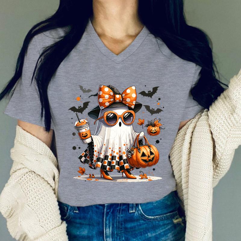 Halloween Cute Ghost Tshirt Women Halloween Pumpkin Retro Vintage T Shirts Women Fall Spooky Vneck Short Sleeve Tops Girls