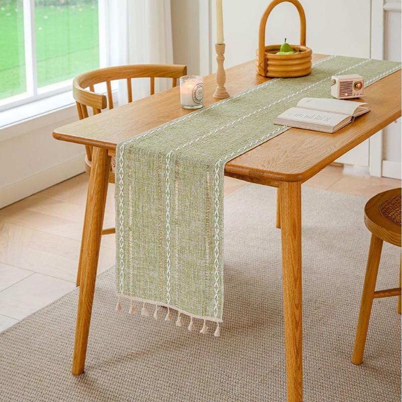 Green Table Runners Boho Rustic Tassels Farmhouse Braided Striped Cotton Linen for Dining Party Holiday Wedding Table Decoration