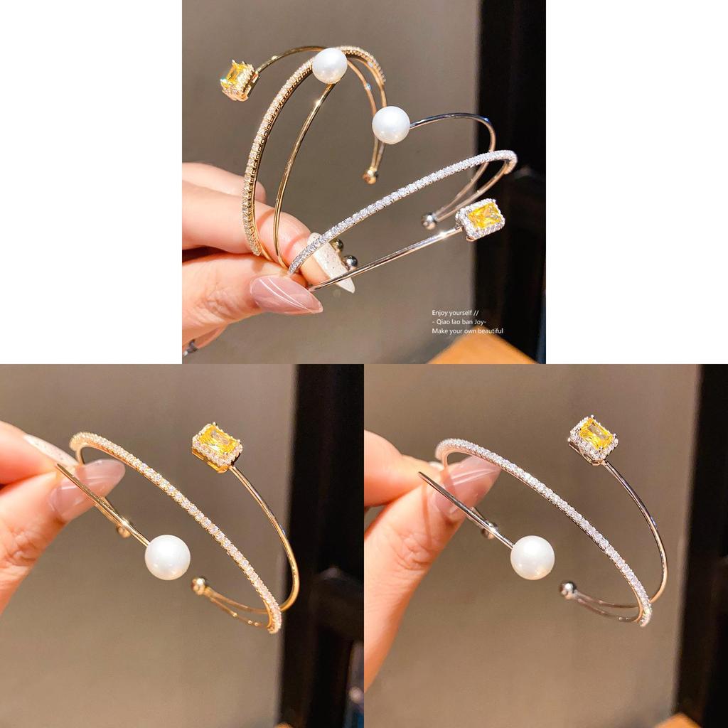 Geometrisches Zirkon-Quadrat-Perlen-Dreilagen-Offenes Armband mit elegantem Finish für modische Bürokleidung