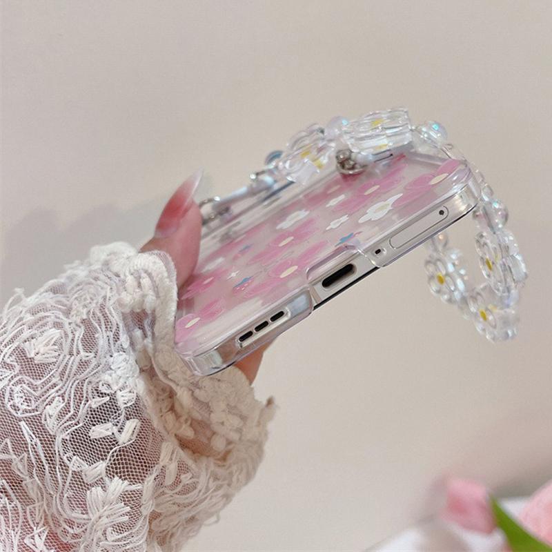 For Oppo Find N2 Flip 5G Case Flower Pattern Printing PC Phone Cover with Flower Charm Chain