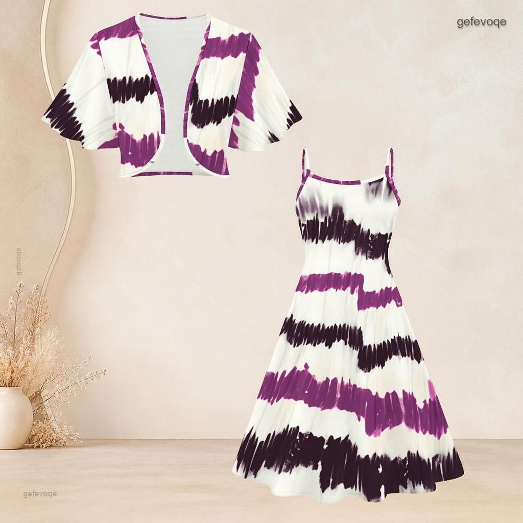 Women Plus Size Two Piece Dress Set Black White Geometric Printed Batwing Sleeve Cropped Shrug Strappy Flared Dress