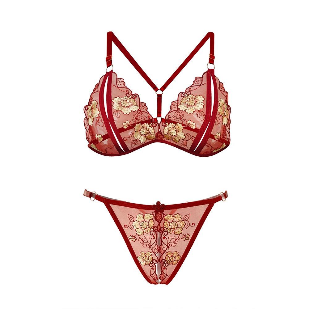 Sexy Lingerie Bed Flirting Robe Three-point Seduction Sexy Embroidery Open Passion Bra Set Women's Large Size