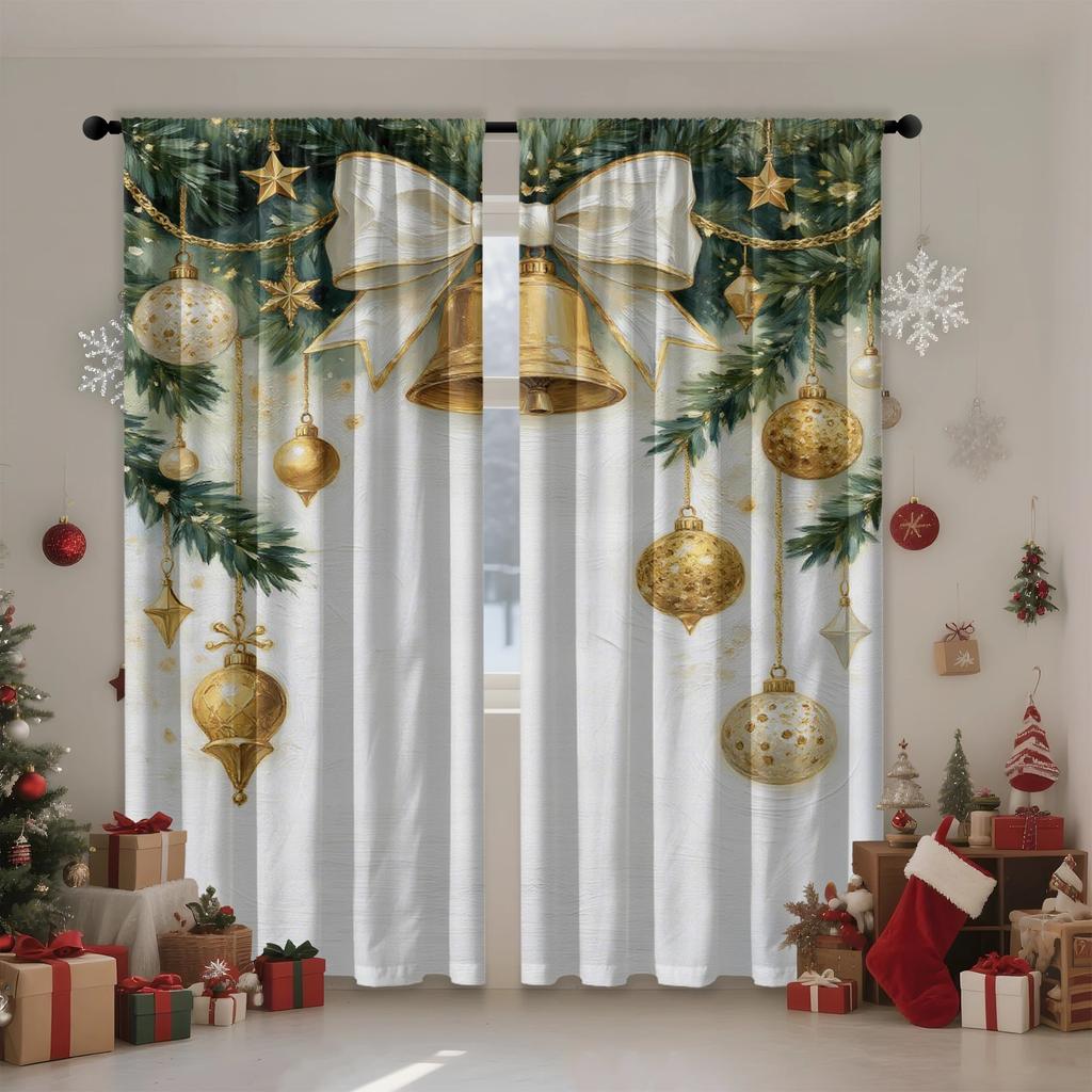 2 Stück Luxus Goldene Weihnachtsornament & Schleifenmuster Vorhänge, Entworfen zur Lichtblockierung, Premium-Material, Geeignet für Ch