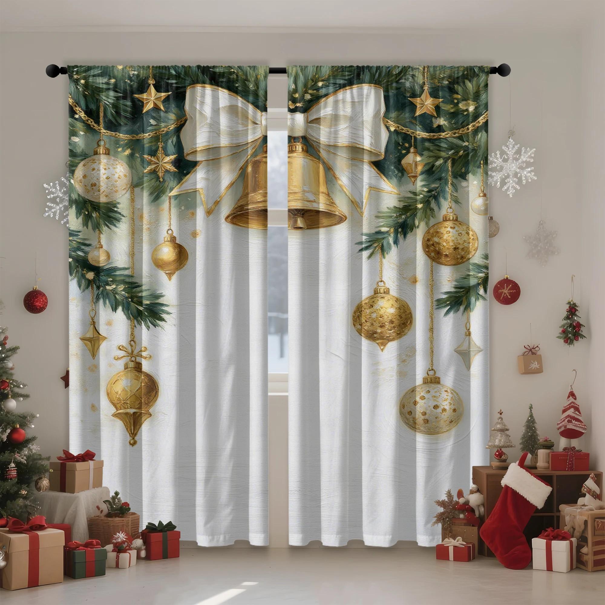 

Set Of 2 Jit Golden Ornament Curtain Xmas Window Decor Living Room Sheer With Rod Pocket Polyester Ideal For Area W100*H70(CM)-Rod Pocket&1PCS