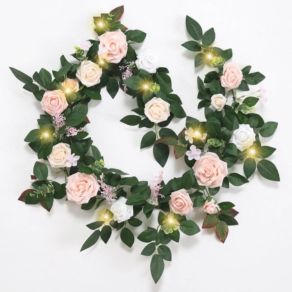 6 Ft Flower Garland with Lights, Artificial Eucalyptus Garland with Rose Flowers, MYXUANFA Flower Vine for Wedding Arch Table Centerpiece Room Decor