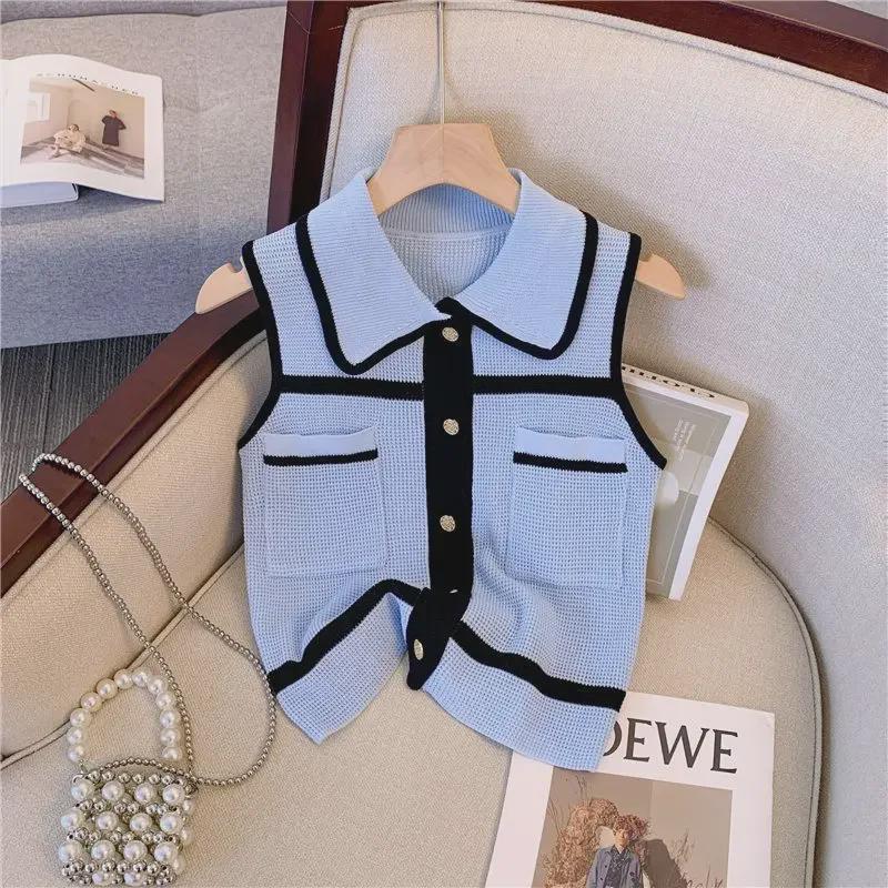 Summer Xiaoxiang Style Sleeveless Knitted Vest - Artful, Contrasting Colors, Celebrity Chic