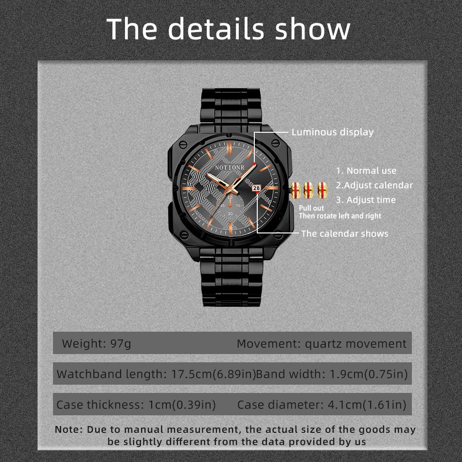 Men's Fashion Watch Square Watch Stainless Steel Quartz Watch Business Watch Simple watch Calendar Watch