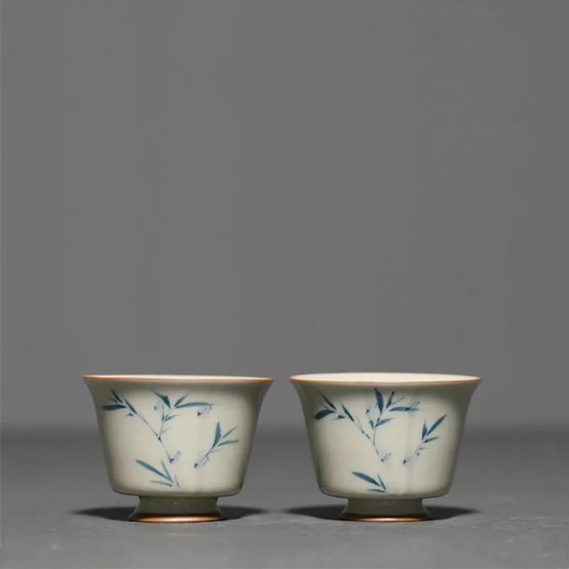 1 Pc Chinese Antique Ceramic Tea Cup Handmade Bamboo Leaf Pattern Tea Bowl Porcelain Teacup Household Teaware Master Cup 40ml