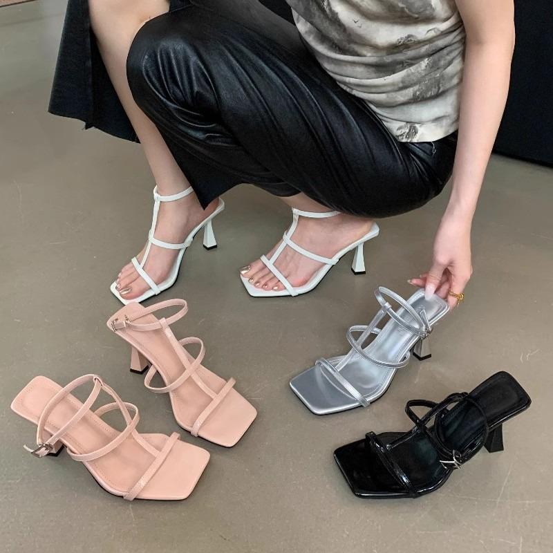 High Heels Women's Spring New Square Head Thin Heel One-word Thin Belt Cool Slippers Women's Sandals