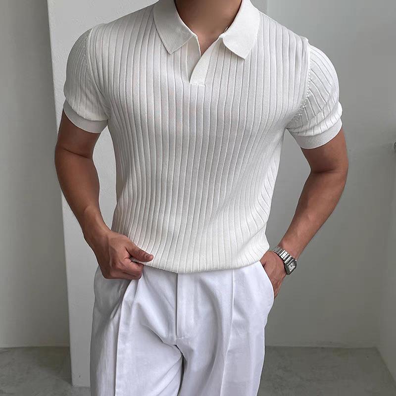 Men's Summer Slim Fit Korean Style Short Sleeve Polo Shirt, Turn-Down Collar, Solid Color, Casual Temperament.