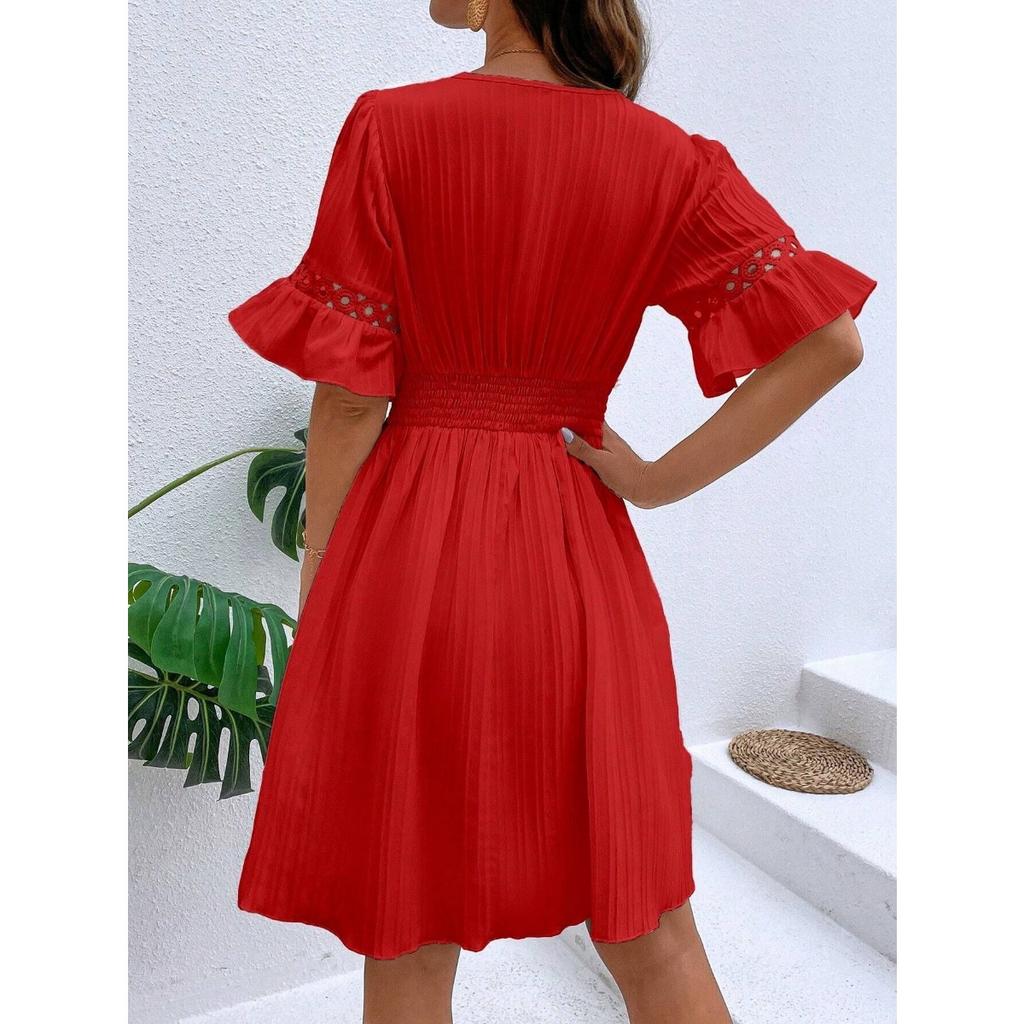 Women's New Summer Splicing Lace Fashion V-neck Waist Solid Color Dresses