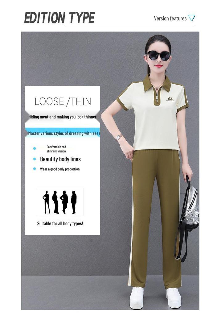2024 Women's Ice Silk Summer Sports Two-Piece Set: Stylish Short-Sleeve Top & Long Pants