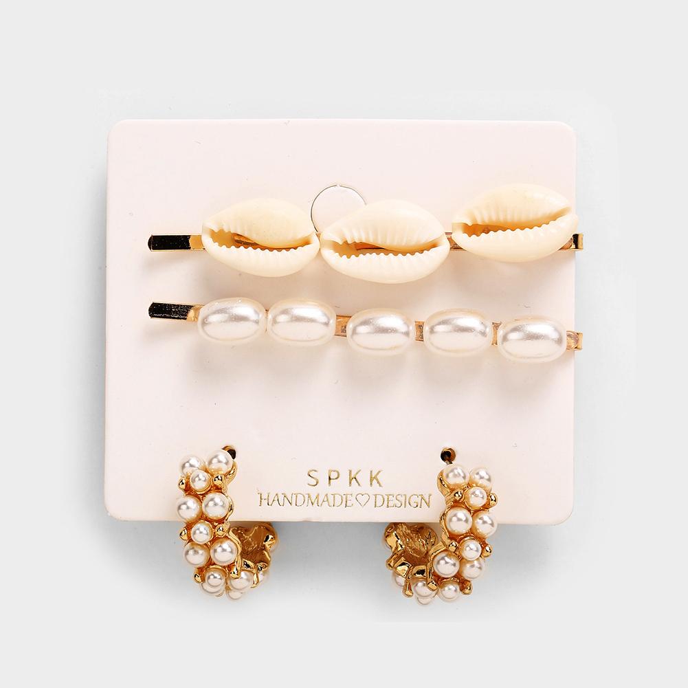 Ocean Style Pearl Bead Shell Hair Clip Earings Set