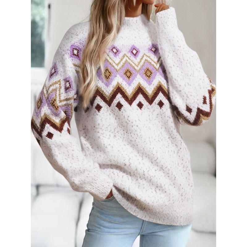 Cross-Border European and American Autumn and Winter New Fashion Half High Collar Geometric Pattern Loose Long Sleeves Snowflake Sweater Sweater