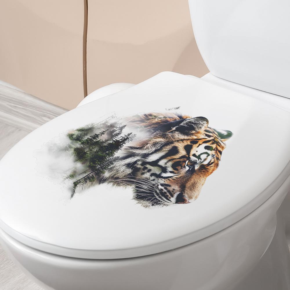 Playful Tiger and Forest Silhouette Wall Sticker Waterproof Self-Adhesive Removable Decal for Bathroom WC Home Decor