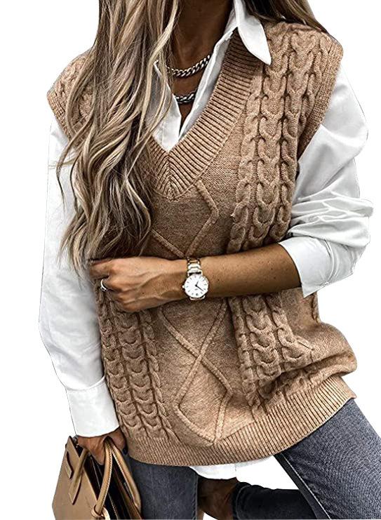 Nuovo maglione autunno/inverno da donna, gilet largo alla moda, maglione a trecce senza maniche con scollo a V ampio, stile europeo e americano