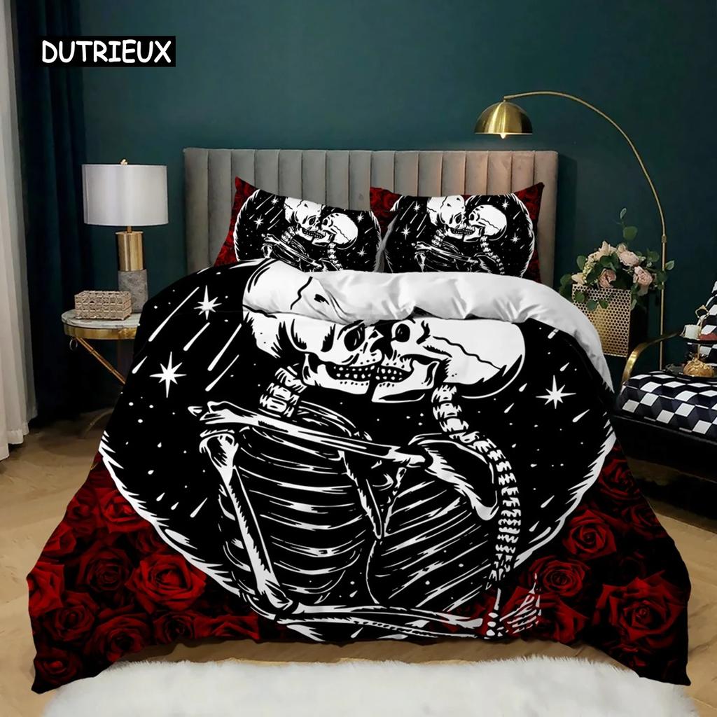 Skull Duvet Cover Set Rose Twin Skeleton Kiss Comforter Cover Teens Gothic Skeleton Double Queen King Size Polyester Qulit Cover