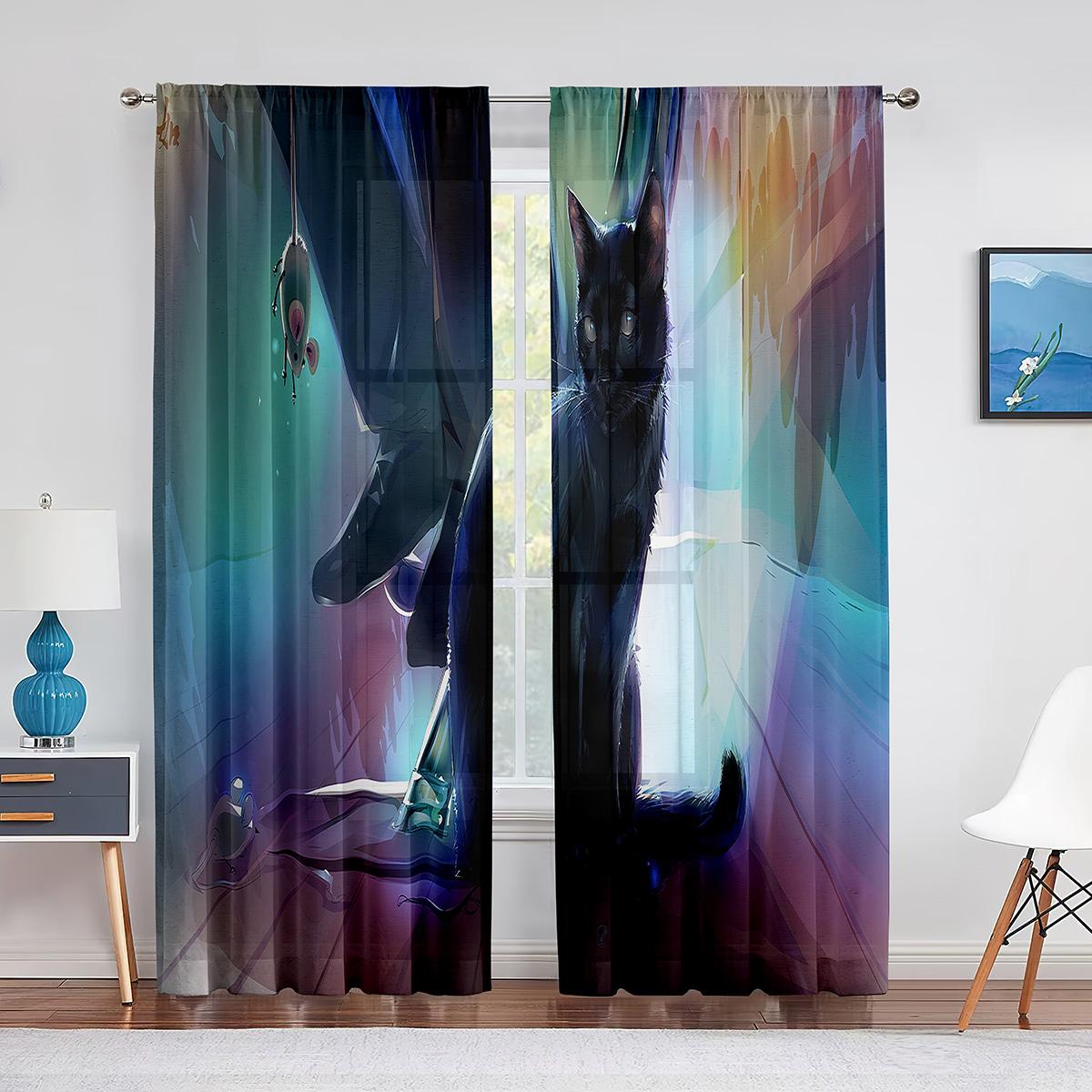 Милый Кот Золотая Рыбка Фэнтези Арт Красочные Тюлевые Шторы для Домашнего Декора Окна — фото 7