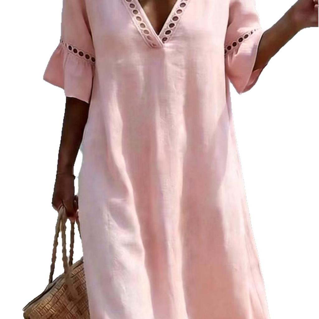 Boho vyšívaný V-výstřih Lněný plážový kaftan Bavlněné šaty pro ženy