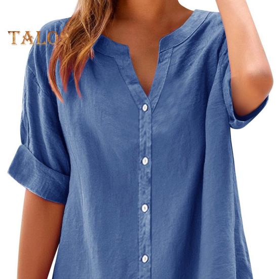 Women Shirt V-Neck Short Sleeve Buttons Placket Shirt Tops Solid Color Loose Fit Breathable Shirt Daily Wear