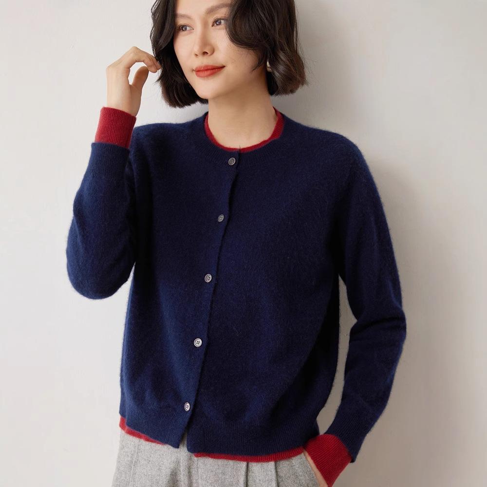 Round Neck Cashmere Two-Piece Women's Cardigan - Color Block Korean Style Loose Sweater.