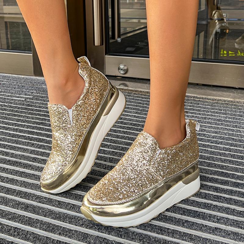 

Мода 2025 Модные слипоны Женские вулканизированные туфли Новые блестки Повседневные Большие размеры Круглый носок Бестселлер Удобные Универсальные кроссовки 43 золотой