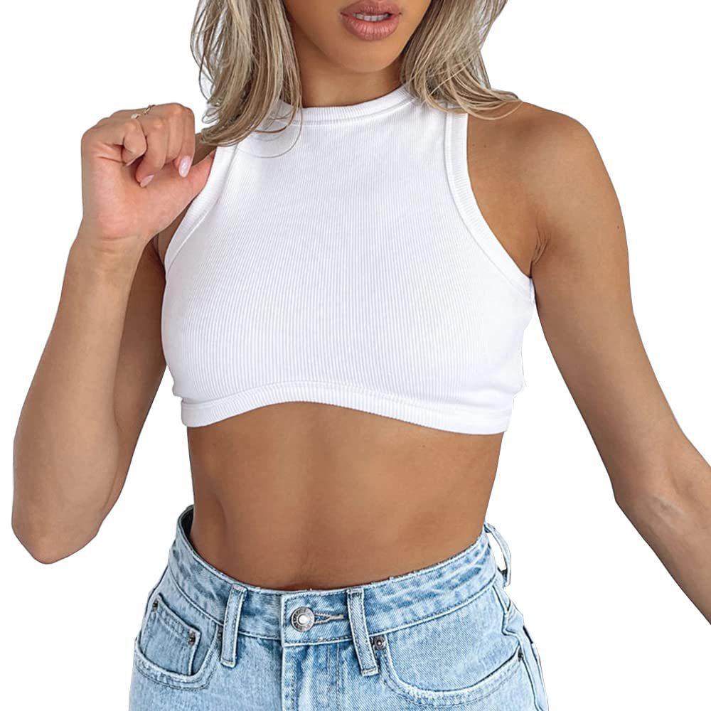 Dámský crop top bez rukávů z žebrovaného úpletu - Sexy styl s kulatým výstřihem