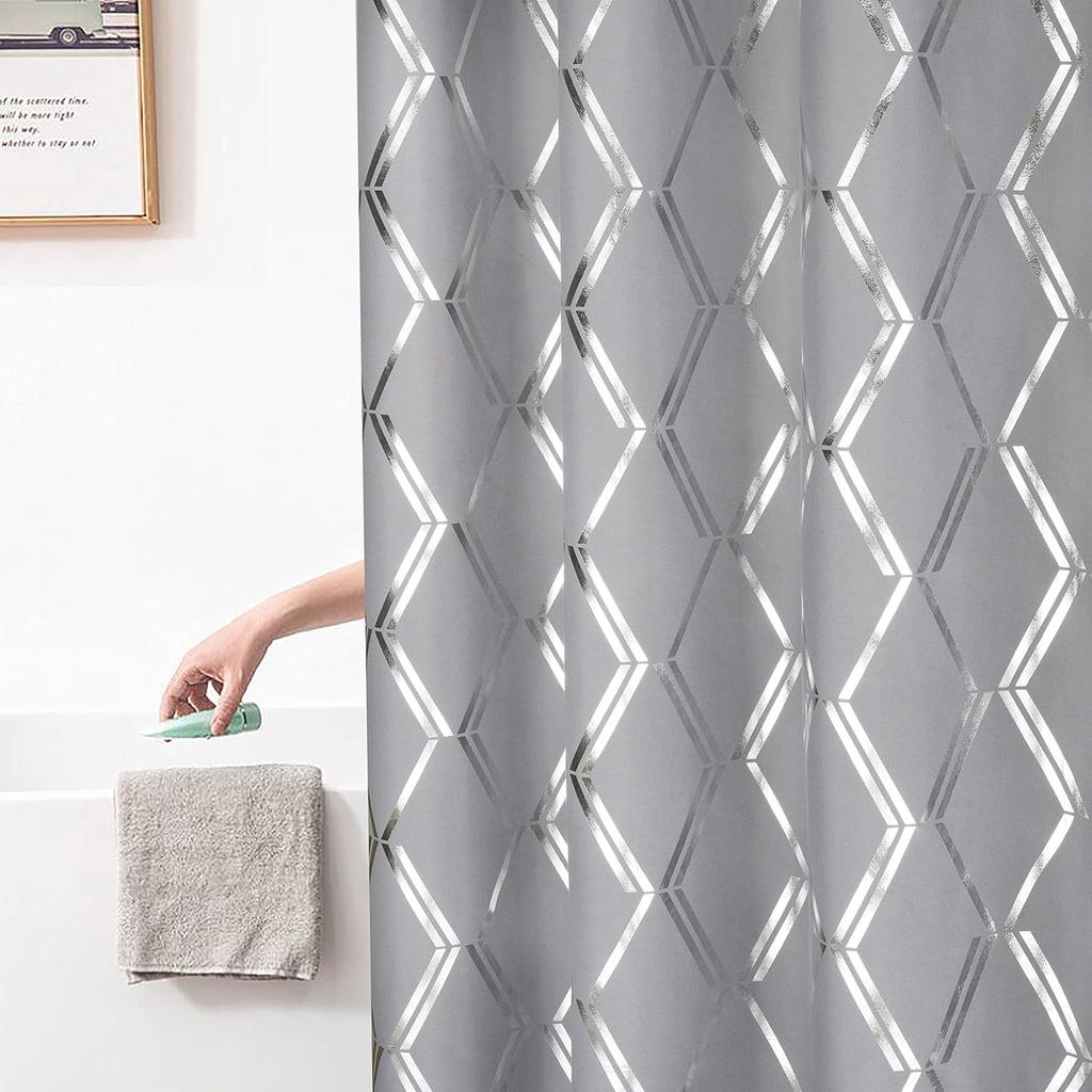Metallic Silver Geometric Printed Shower Curtain, Gray Sparkly Cloth Shower Curtain with Diamond Pattern, Unique Classy Bathroom Curtains for