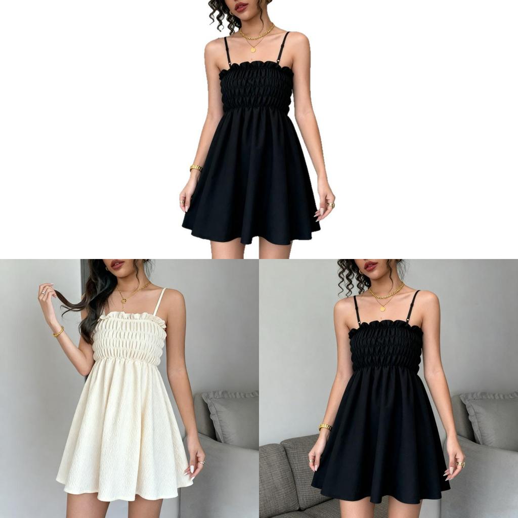 Vintage French Elegant Polyester Slip Dress With Ruffle Detailing For Women