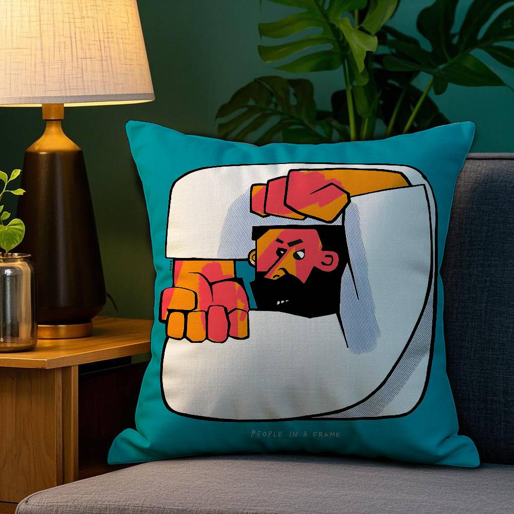 People Living in a Frame Pillow Case Sofa Living Room Bedroom Double-sided Printing Square Cushion Nap Time Pillow Case