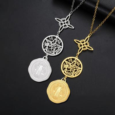 St Benedict Pentagram Necklace Stainless Steel Witch Knot Religious Jewelry with Tetragrammaton Symbol for Protection