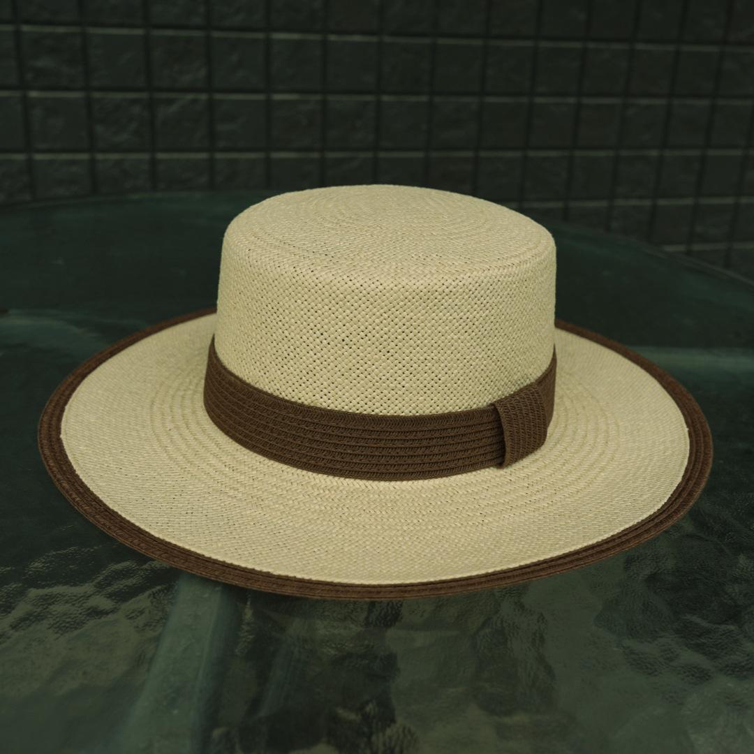 

French Cream Beige And Brown Woven Flat Top Top Hat Women S Summer Sun Protection Sunshade Vacation Beach Wide Brim Straw Hat M（56-58cm）